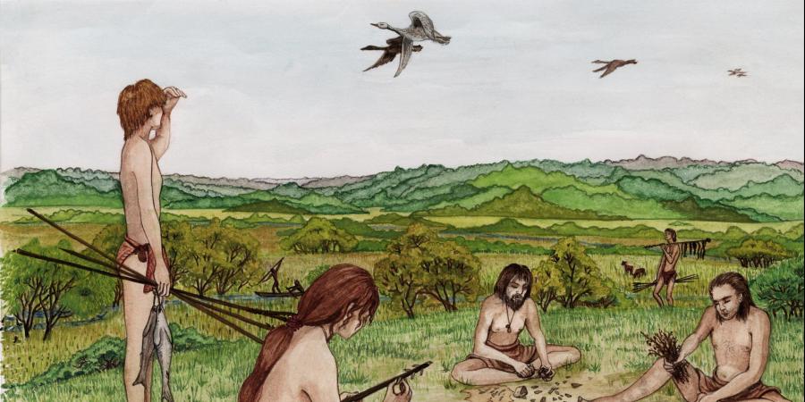 An artist's interpretation of Mesolithic life: three people sit around fire, a boy holding a fish stands next to them