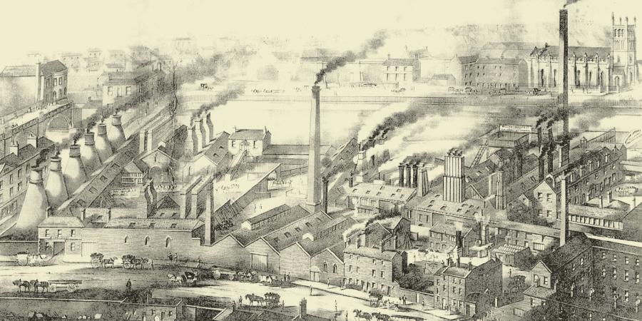 Etching showing how the Riverside Exchange site looked at the height of the industrial period with factories and smoking tall chimneys