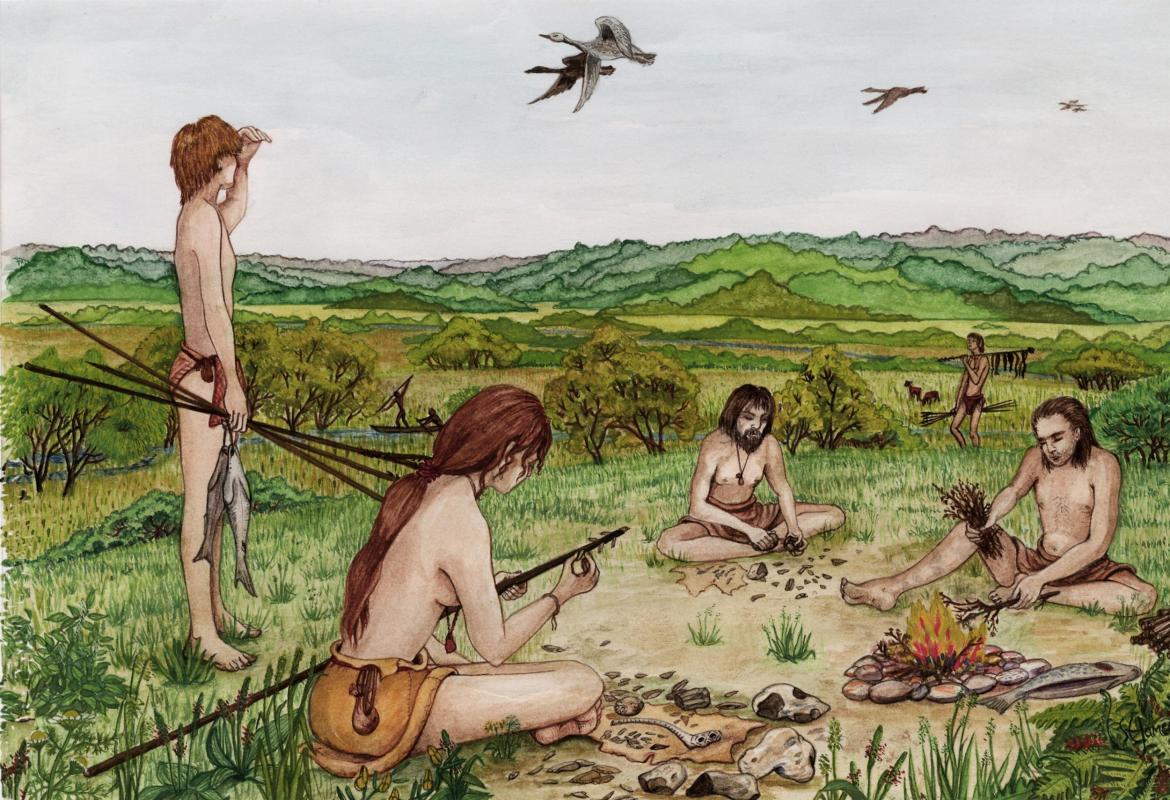 An artist's interpretation of Mesolithic life: three people sit around fire, a boy holding a fish stands next to them