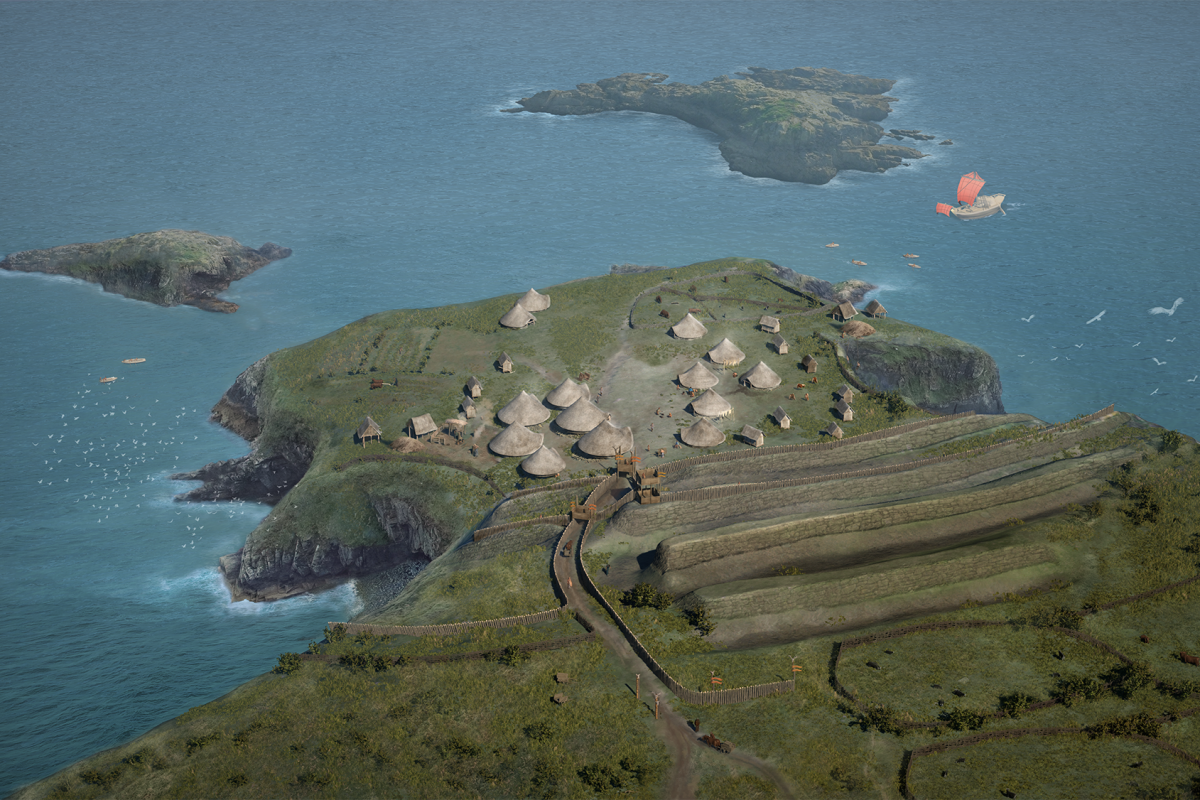 Reconstruction of an Iron age village on a Welsh peninsular visualisation of the past