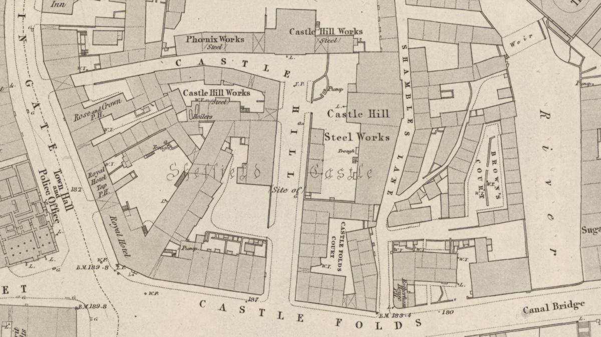 1850s OS Map showing steel works on site of Sheffield Castle