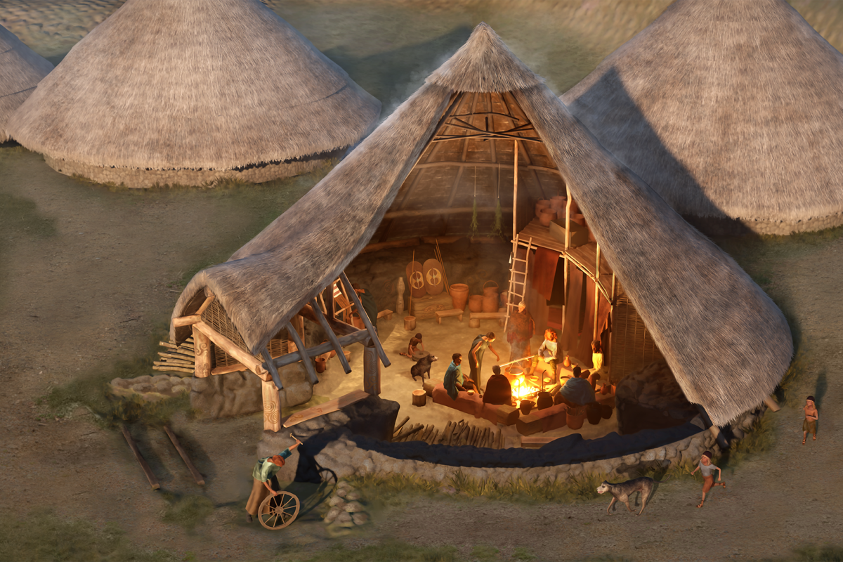 Reconstruction of a roundhouse with cutaway visualisation of the past