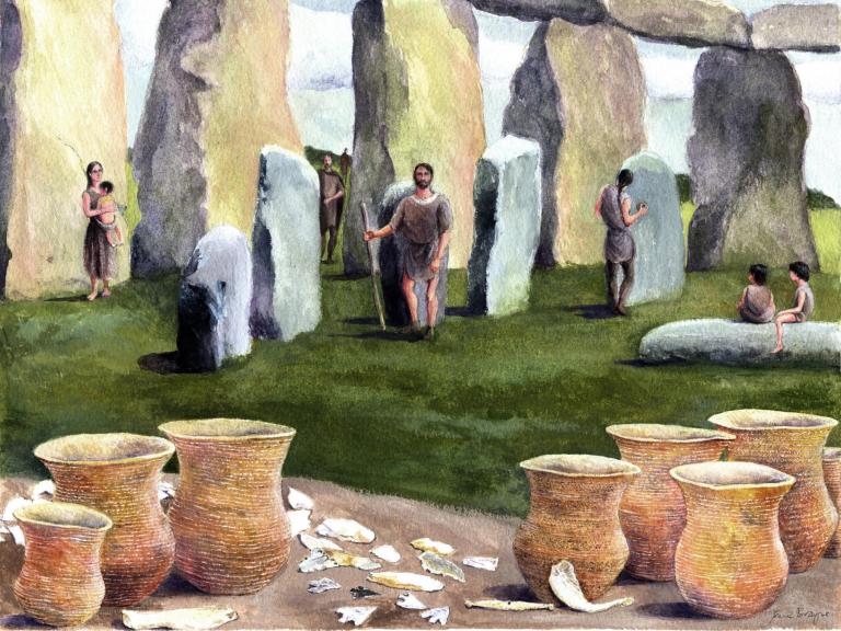Reconstruction showing the Boscombe bowmen family at Stonehenge