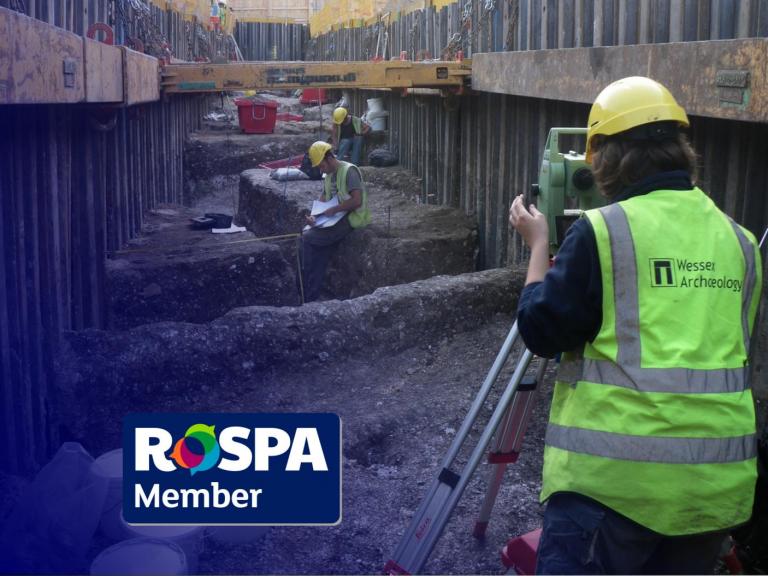 The RoSPA logo and an archaeologist surveying wearing PPE