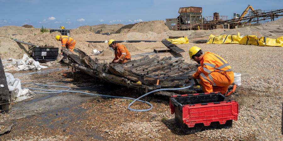 A wooden ships hull discovered at an aggregates wharf