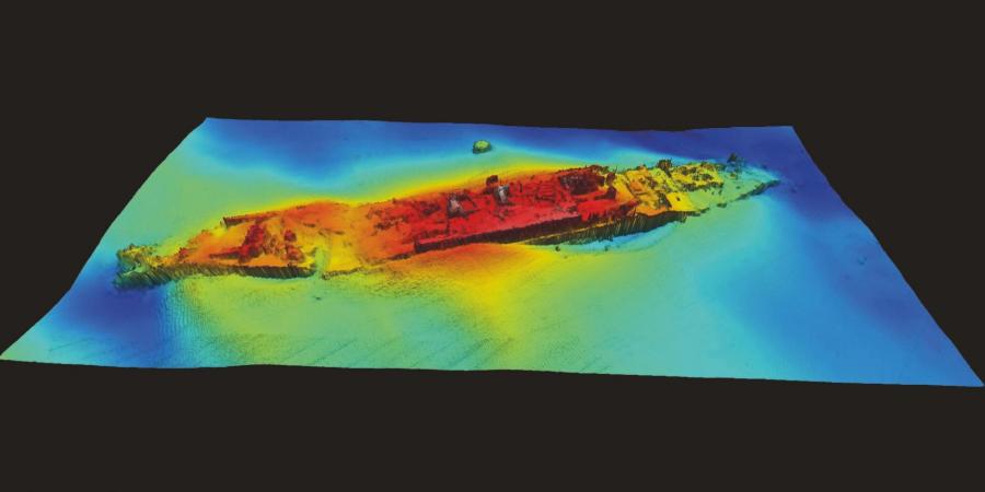 Bathymetric geophysics results showing the HMHS Anglia on the seabed
