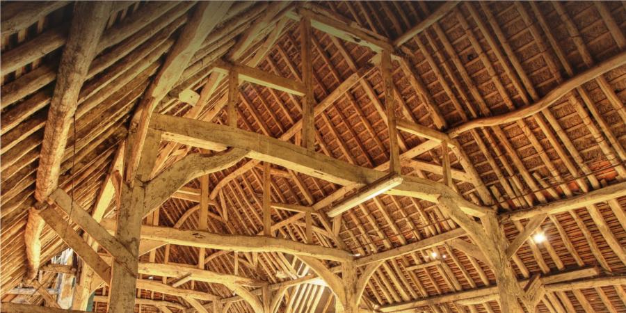 Complex roof timbers in a historic barn