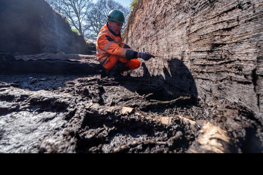 An archaeologist is crouched next to the birchwood trackway.