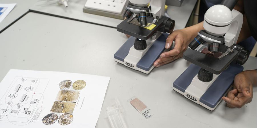 Two pupils have a microscope each on top of a school desk, they are about to look at tiny environmental samples. Nearby there is a worksheet containing images of scientific chemical structures 