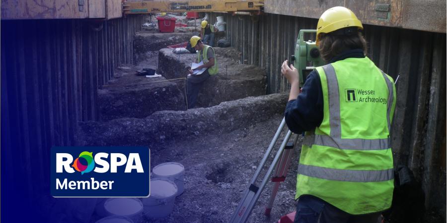 The RoSPA logo and an archaeologist surveying wearing PPE