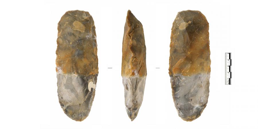 Replica tranchet axe, three views