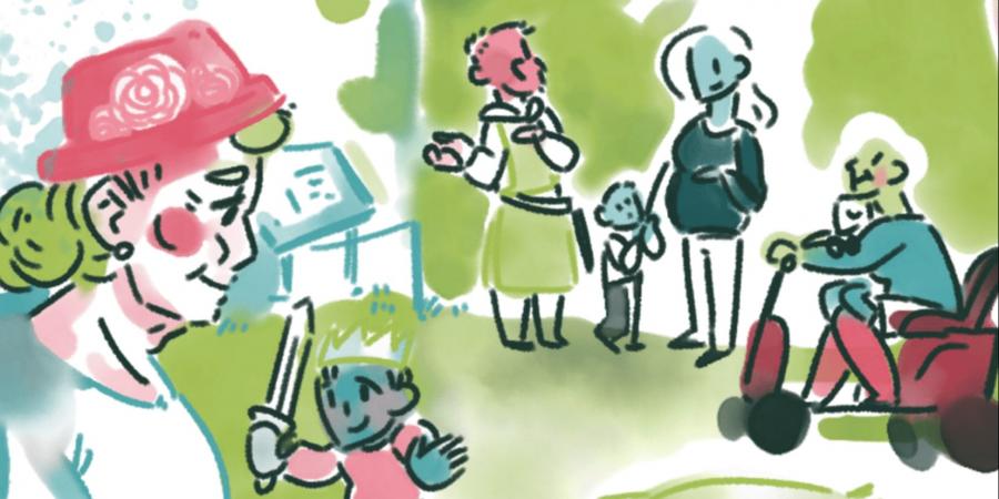 Cartoon graphic of a group of people