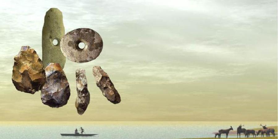 Ancient coastline at sunset, two prehistoric people site in a wooden canoe and large elk are at the shoreline