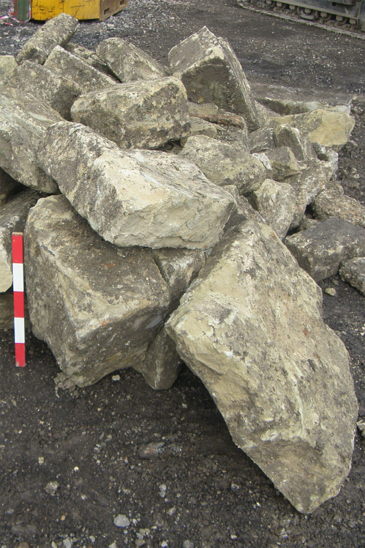 Blocks of Chilmark limestone from the demolition of the foundation structure, seen after excavation