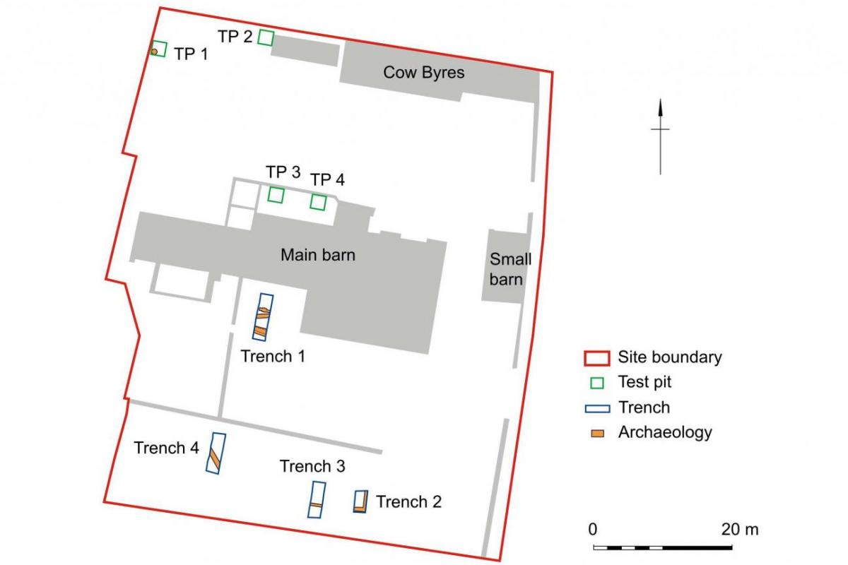 Site plan showing archaeological remains at Winterbourne 