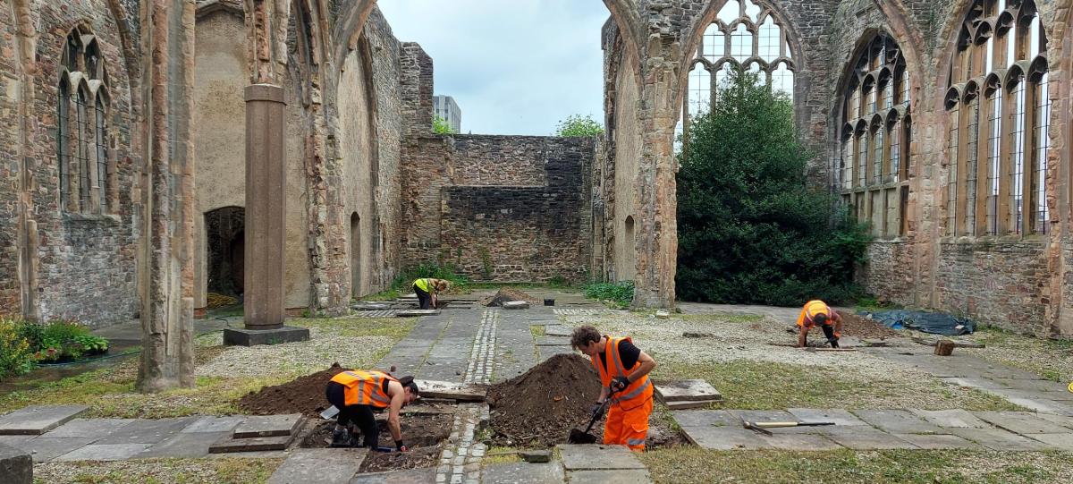 Excavating trial trenches in St Peter’s Church.