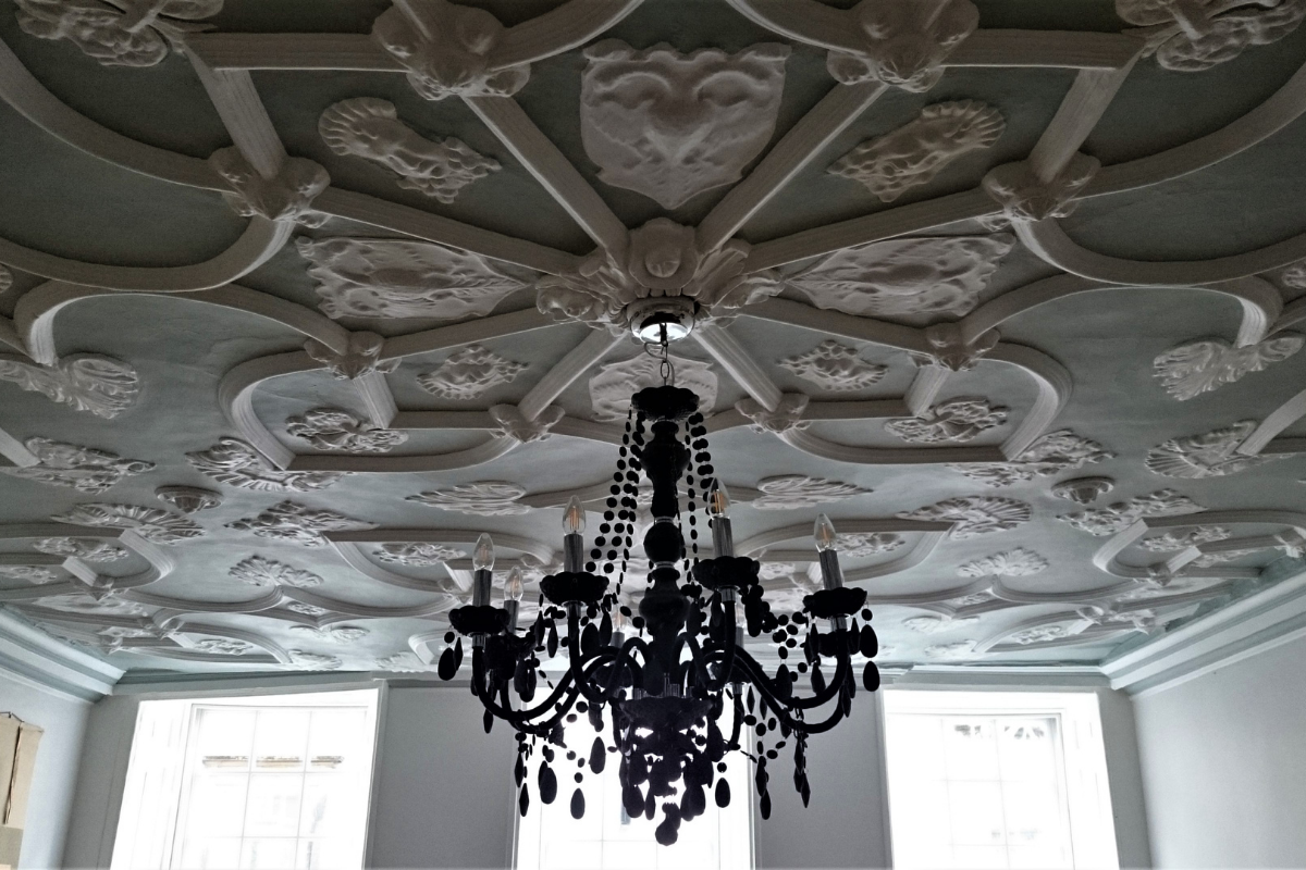 The Jacobean ceiling at The Grapes