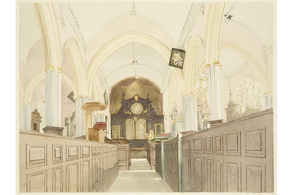 Nave and chancel of St Peter's, by J. Johnson, 1828, Reproduced with permission of Bristol Museum and Art Gallery (ref. M2670)