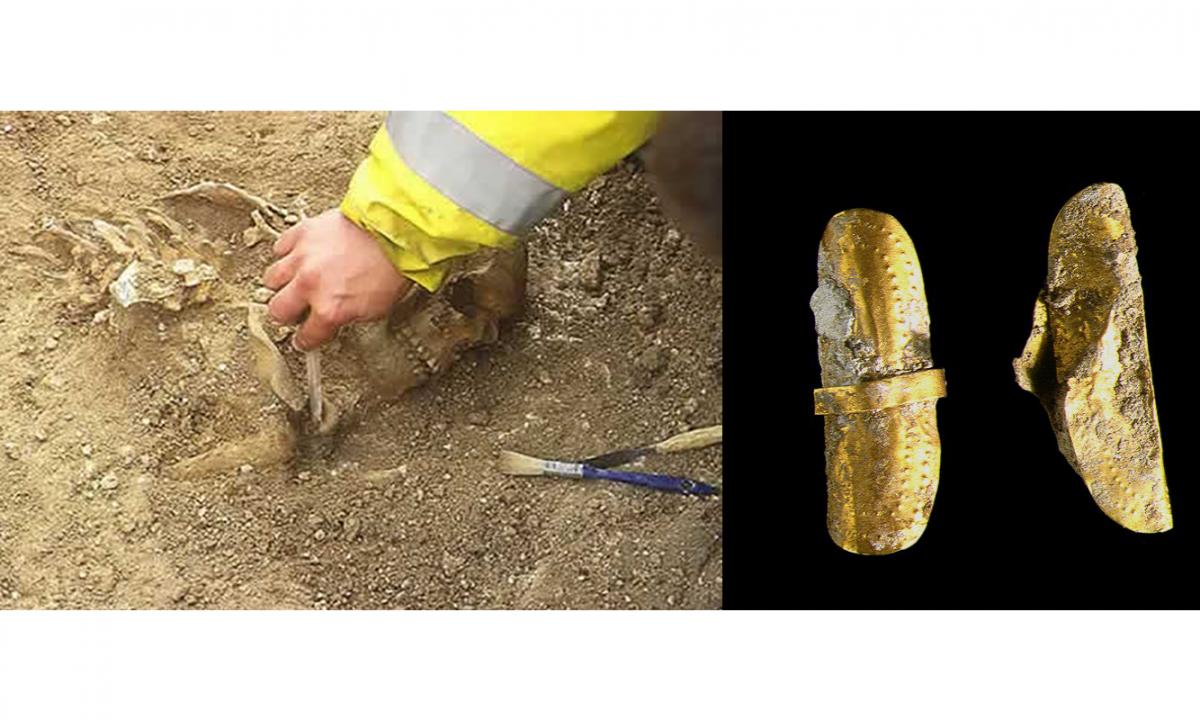 Skeleton under excavation and gold hair ornament from Amesbury Archer grave