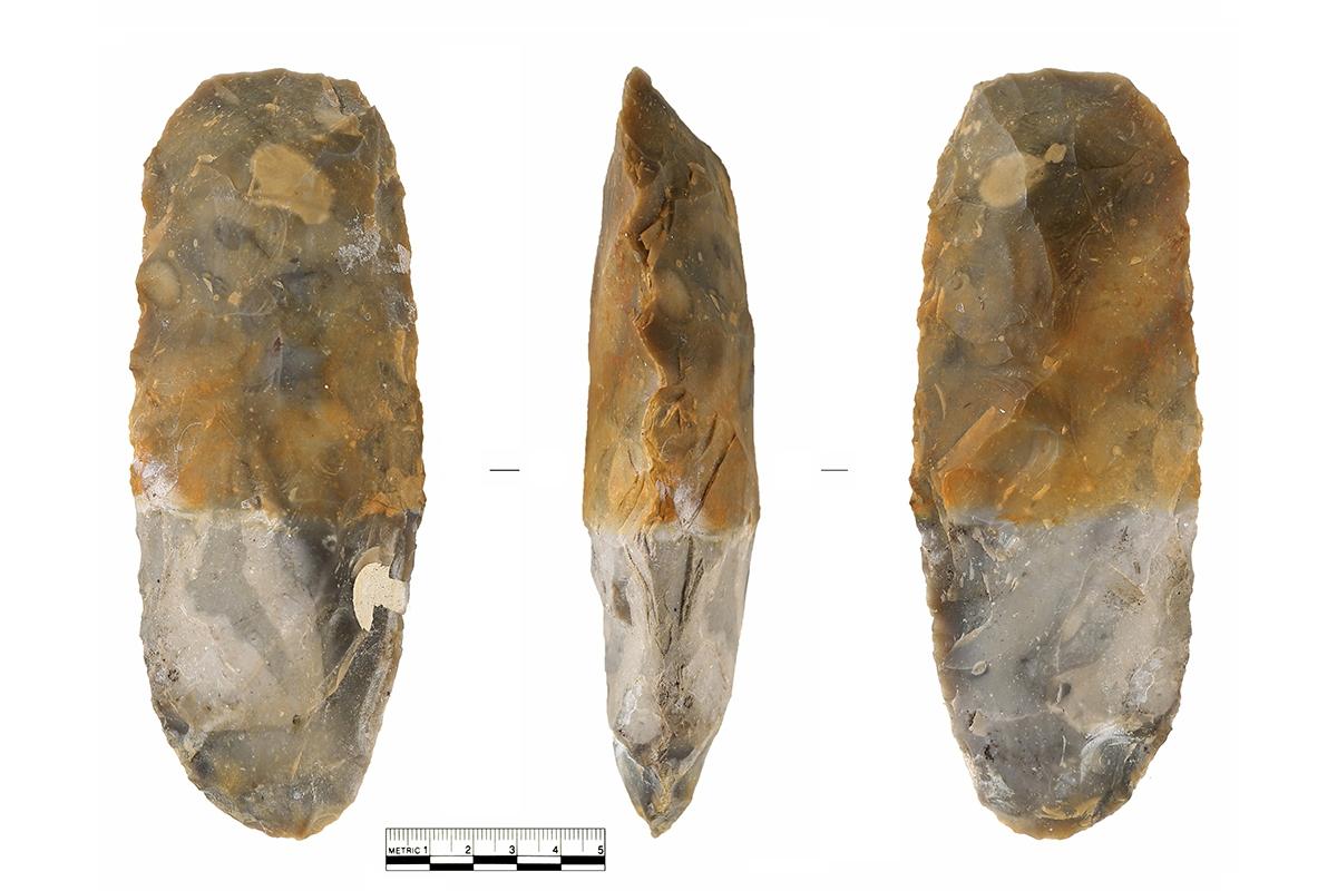 Phil Harding's flint Axe showing where flint has become stained