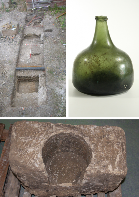 Another medieval wall foundation, an onion shaped post-medieval wine bottle, and a hewn stone coffin head