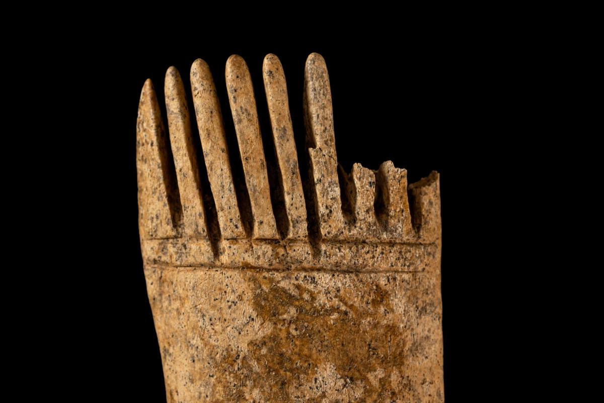 Close up of front of worked antler comb 