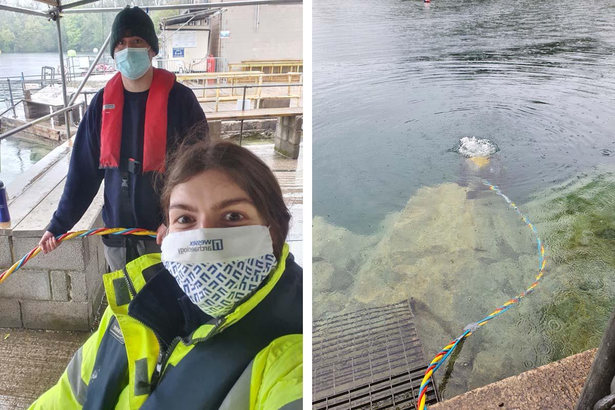 Left: Bob and Lowri tendering two divers  Right: A surface supply diver in the water