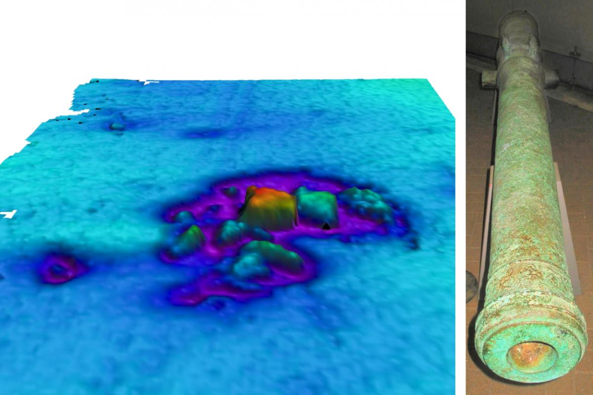Multibeam echo-sounder image of the Dunwich Bank wreck site, and the previously recovered cannon