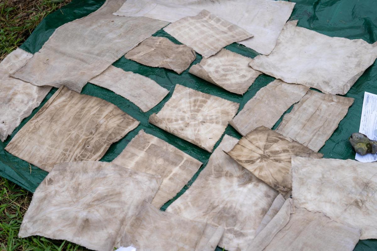 Historic England's Rejuvenate Project.  Fabrics dyed using prehistoric dyes. Langford Lakes Nature Reserve, Wiltshire.