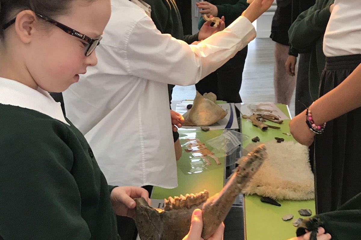 Pupils examining artefacts