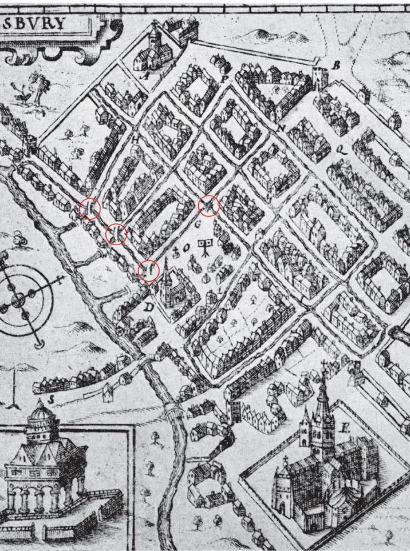 John Speed's plan of Salisbury c.1600, showing the location of bridges