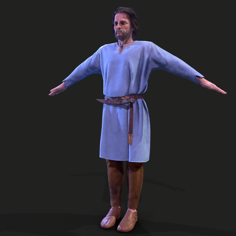 View of front of Anglo-Saxon man in blue tunic - 3D character created by new character artist