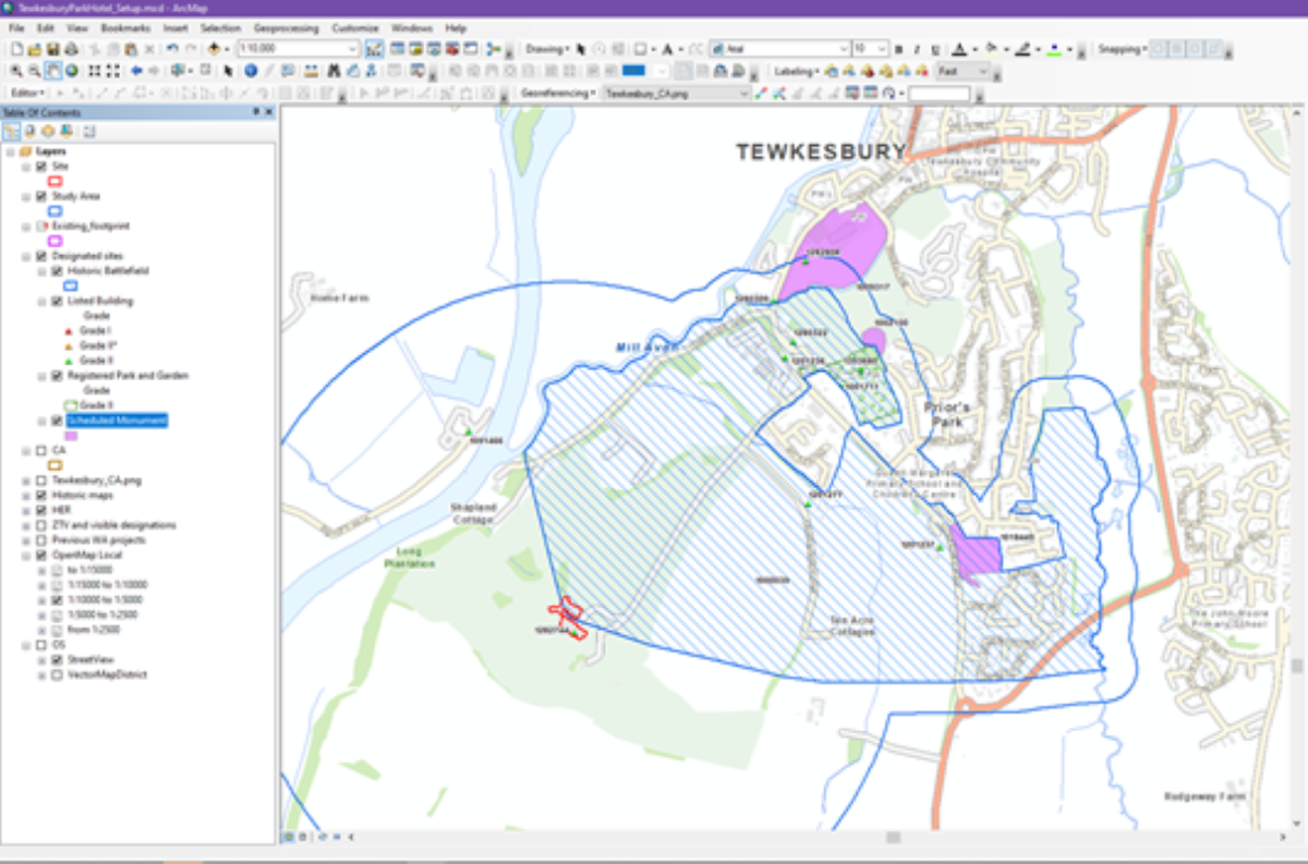 Designated assets within a study area around Tewkesbury