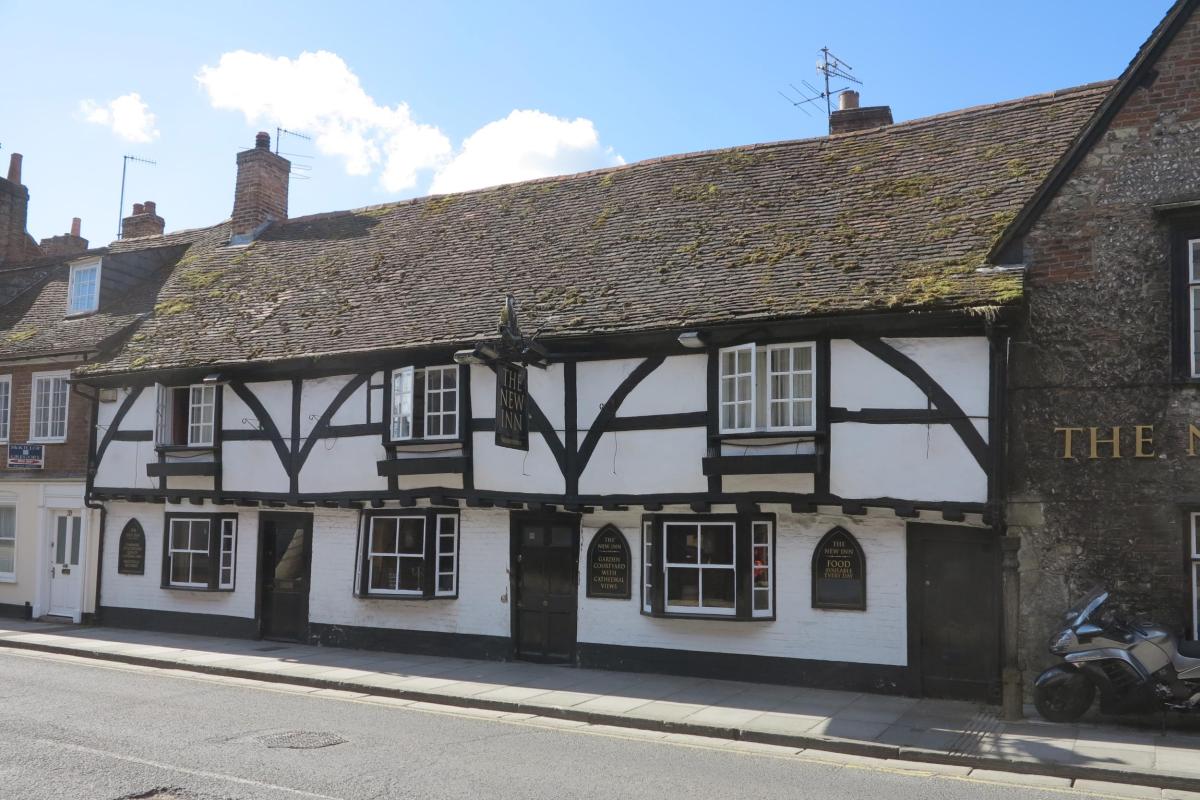 The New Inn, 2020, once three cottages, as can be seen by the repeating patterns of doors, windows and timber framing