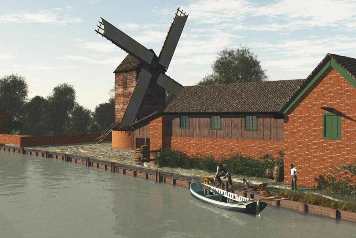 Reconstruction of 19th century mill complex with boat and windmill