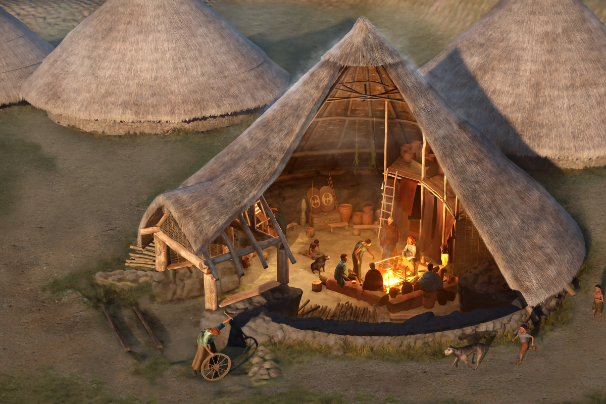 Reconstruction showing a iron age house cutaway