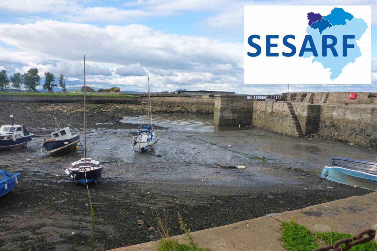 Harbour at low tide with SESARF logo