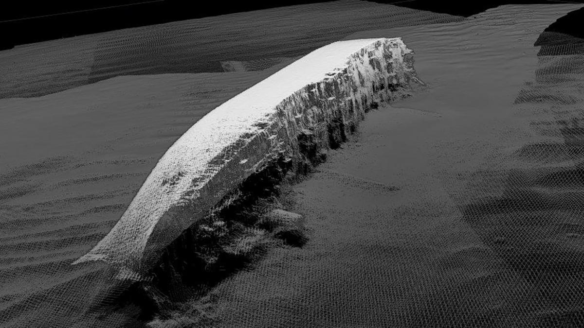 Model of the remains of the HMS Derbent created from multi beam echo sounder (MBES) data points. Image produced by SEACAMS2, Bangor University for the U-boat Project, 2018.