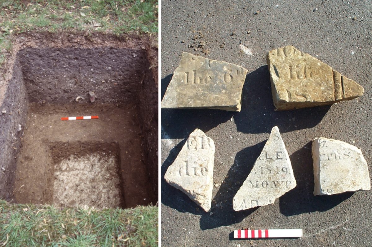 A medieval wall foundation and fragments of 18th-19th century tombstones