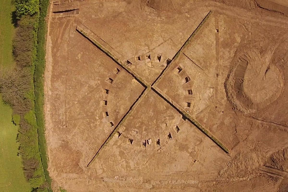 UAV image of a Bronze Age barrow during excavation at Sherford New Town