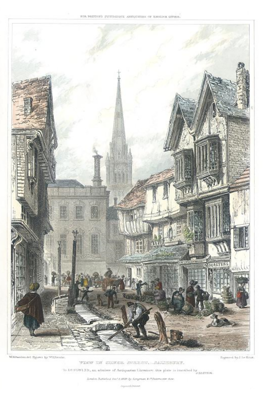 View in Silver Street, Salisbury 1829, engraving by J. LeKeux after W. H. Bartlett and W. H. Brooke (courtesy of antiqueprints.com)