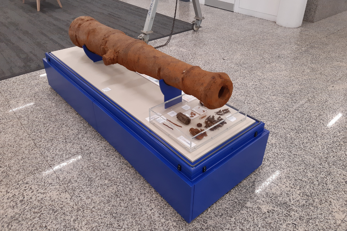 The cannon seen with accompanying artefacts