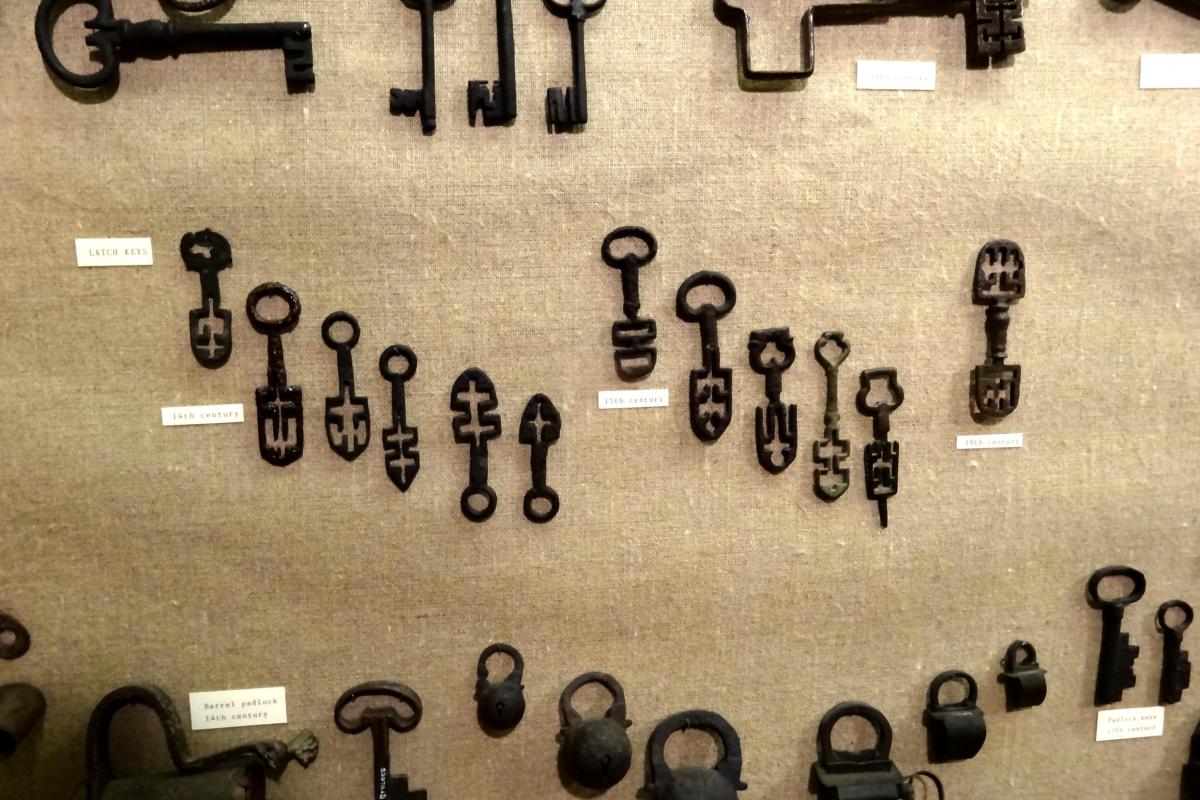 Keys and metal objects on a beige coloured display background 