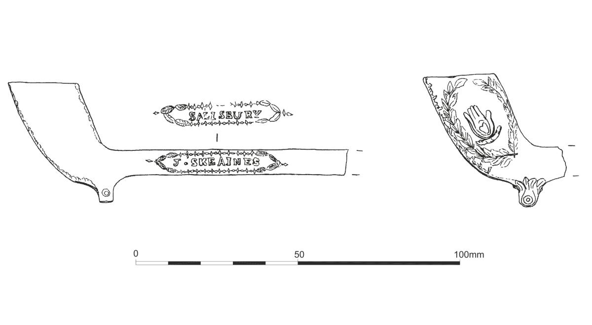Archaeological illustrations of a clay pipe stem stamped with William Morgan's name and a pipe bowl bearing the 'Oddfellows' mark
