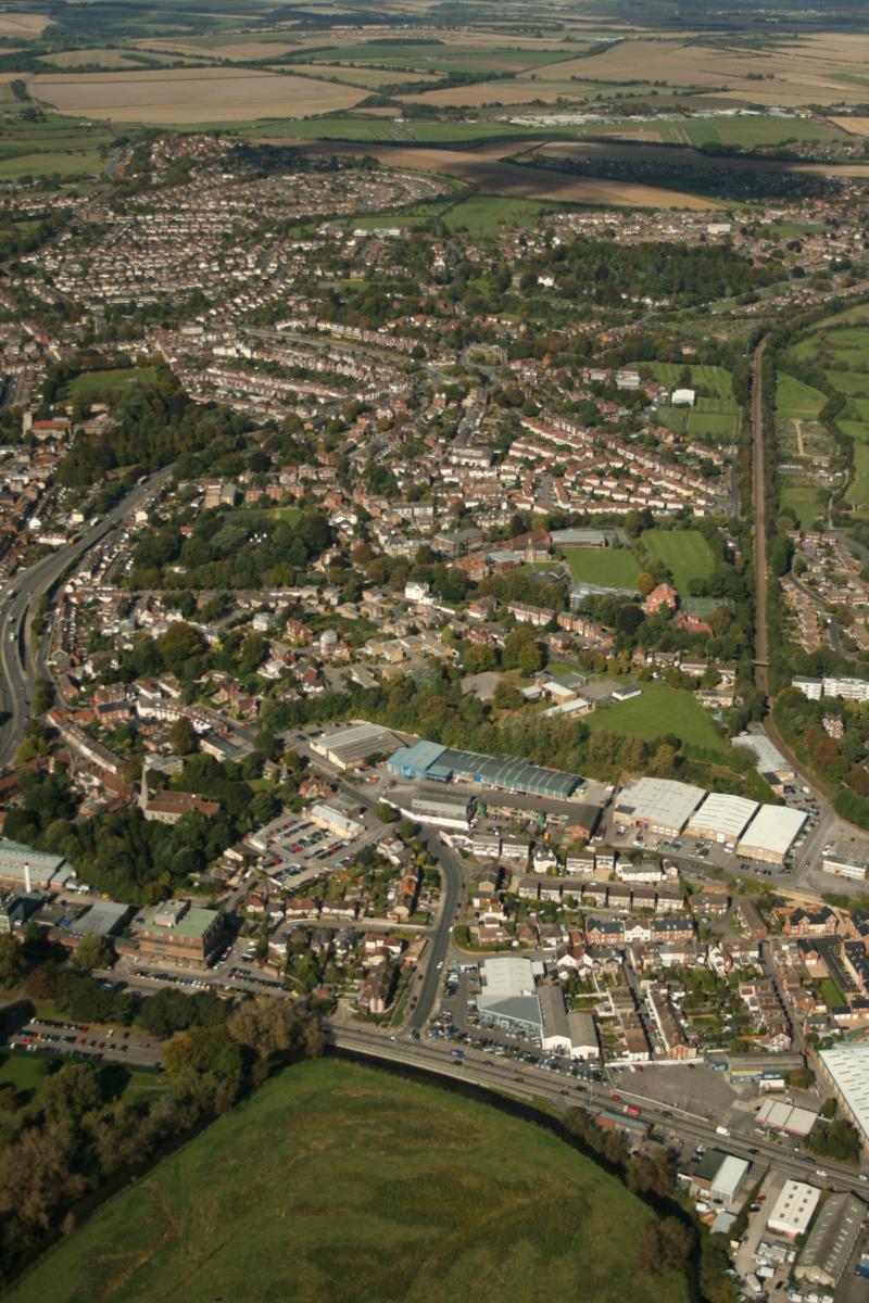 Milford Hill ridge, framed by the inner ring road, the River Avon and River Bourne, with Godolphin School at the centre