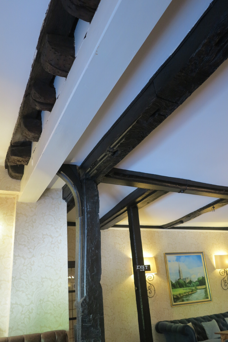 Details of the original timber framing seen behind the later 19th century façade