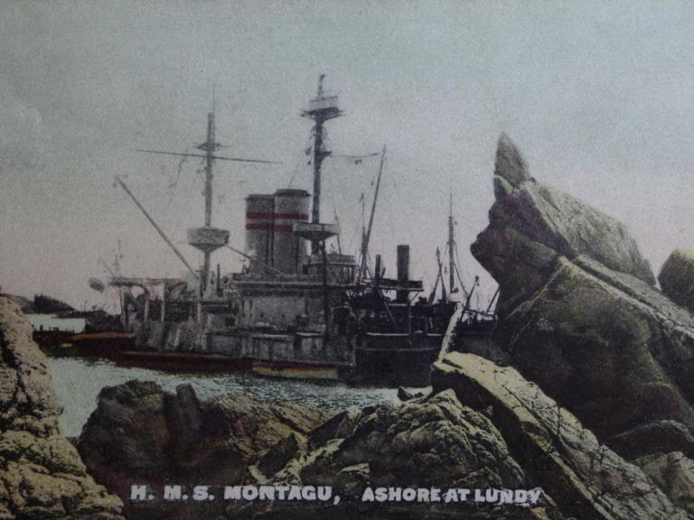HMS Montagu shipwreck on the rocks at Lundy