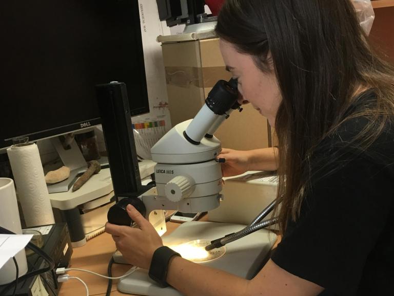 Hayley examining samples through a microscope