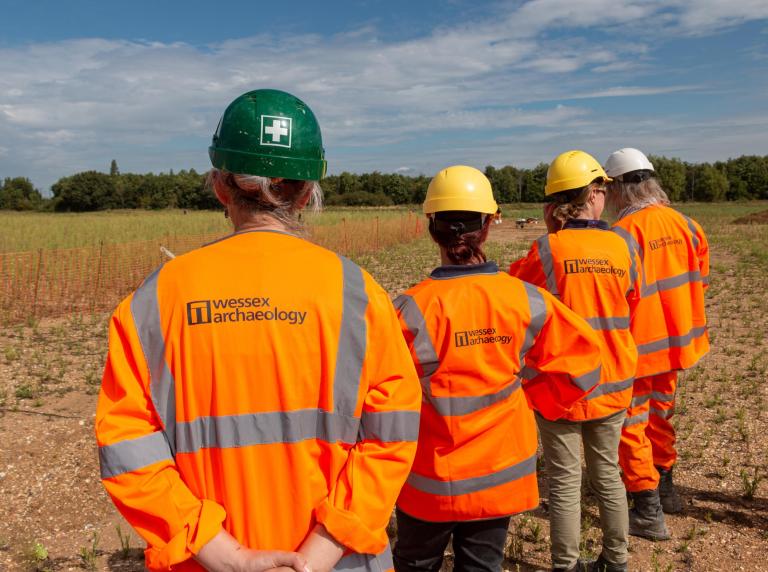 Four archaeologists stood in a line on site with their backs to the camera.