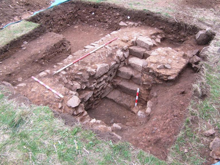 Excavated trench containing a staircase at Groby Old Hall